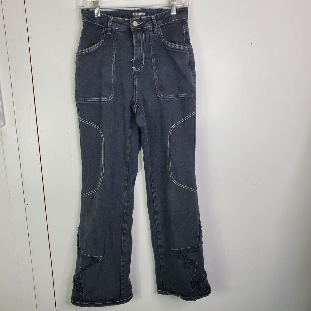 Hot Topic‎ Wide Leg Jeans Womens S Baggy Skater Y2K Star Fringe Embroidered Emo